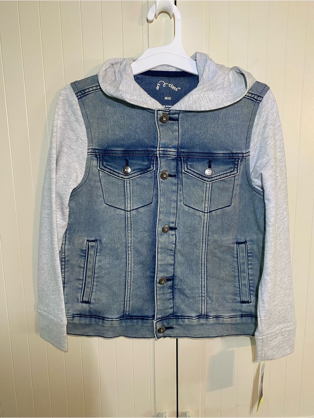 NWT Soft Denim Snap Front Jacket with Gray Hoodie Sleeves SZ: Med 8-10 Boy/Girl